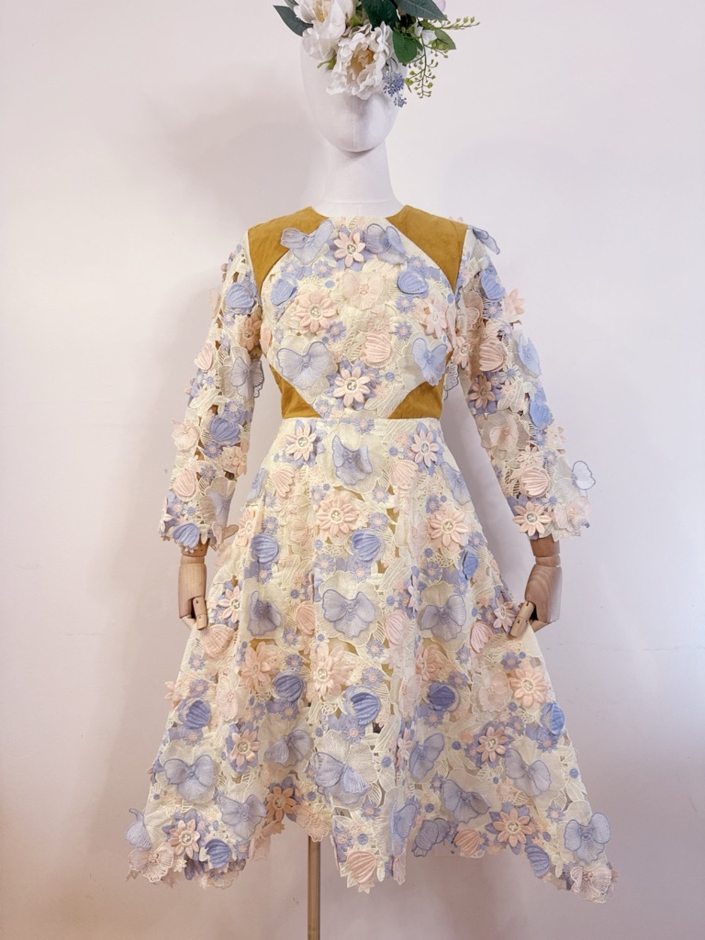🦋 Pastel 3D Floral Embroidered Midi Dress